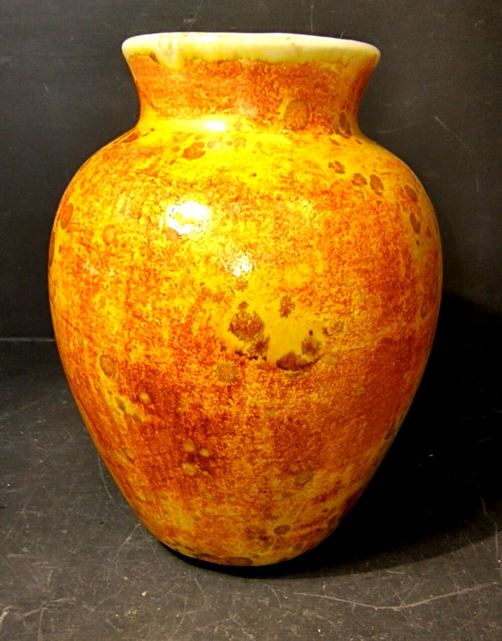 1935.  Studio Pottery Vase Warm Oranges Yellows Textured MCM